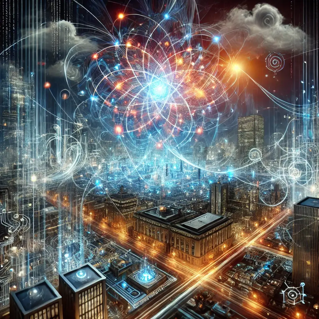 DALL·E 2024-10-24 13.48.52 - A futuristic cityscape where quantum machines are interconnected by glowing, intricate quantum networks. The image shows a vibrant web of light beams